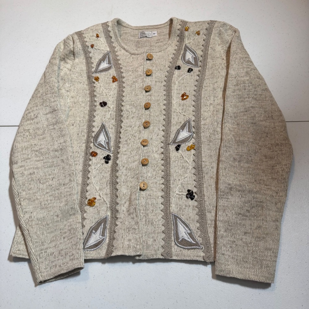 Natural Style Beige Linen Cotton‎ Blend Cardigan Sweater Womens Medium Grandma
